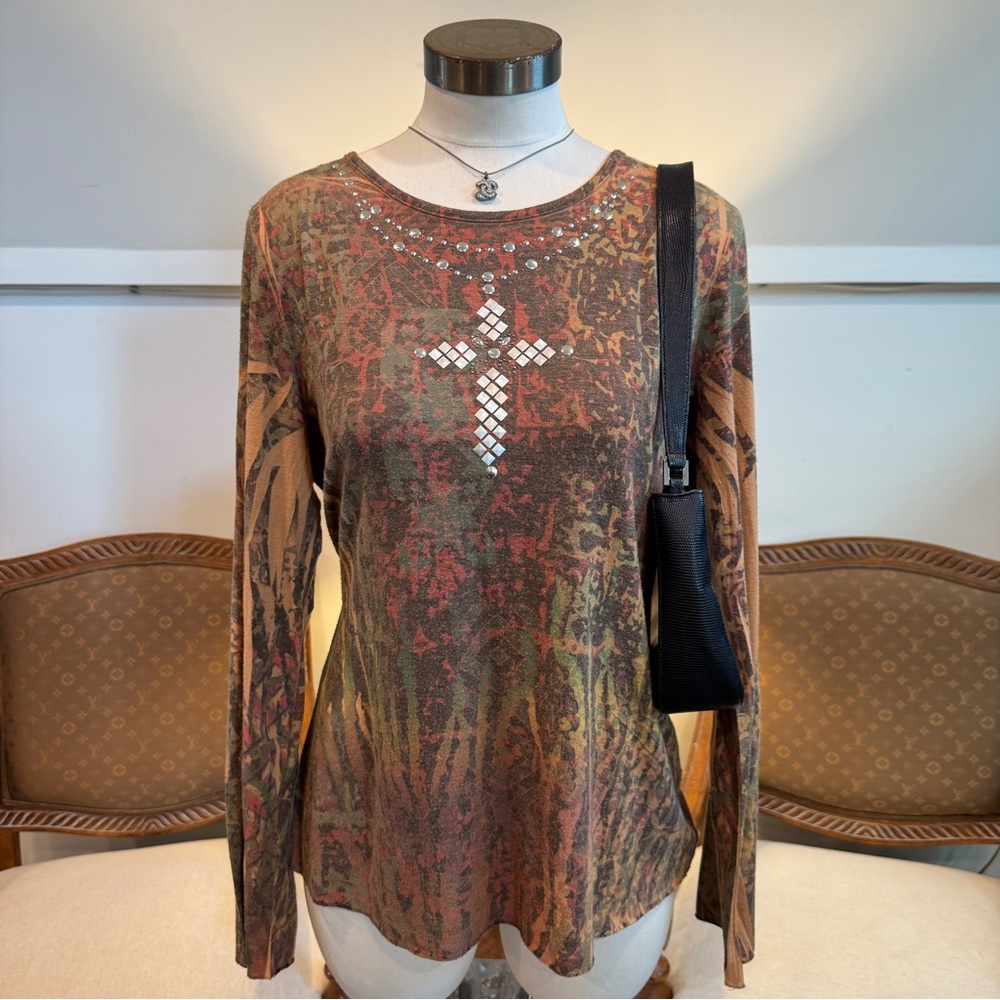 90s Y2K Grunge Gothic Boho LS Top with Embellished Studded Cross Design